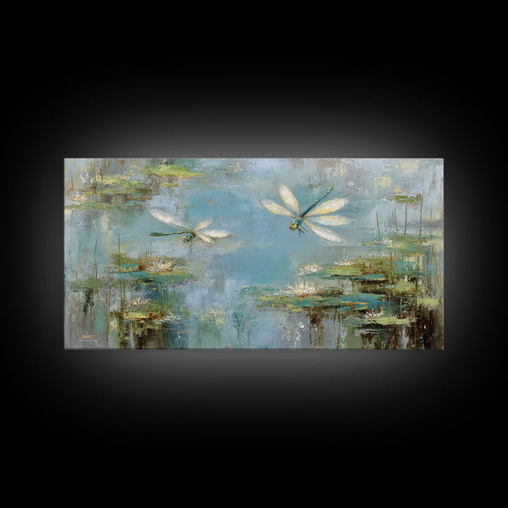 Delicate Dragonfly Above a Pond Surface Framed Canvas Print, Bathroom Art, Dog Portrait, Bathroom Decor, Oil Painting, Spa, BAT-2x1-92