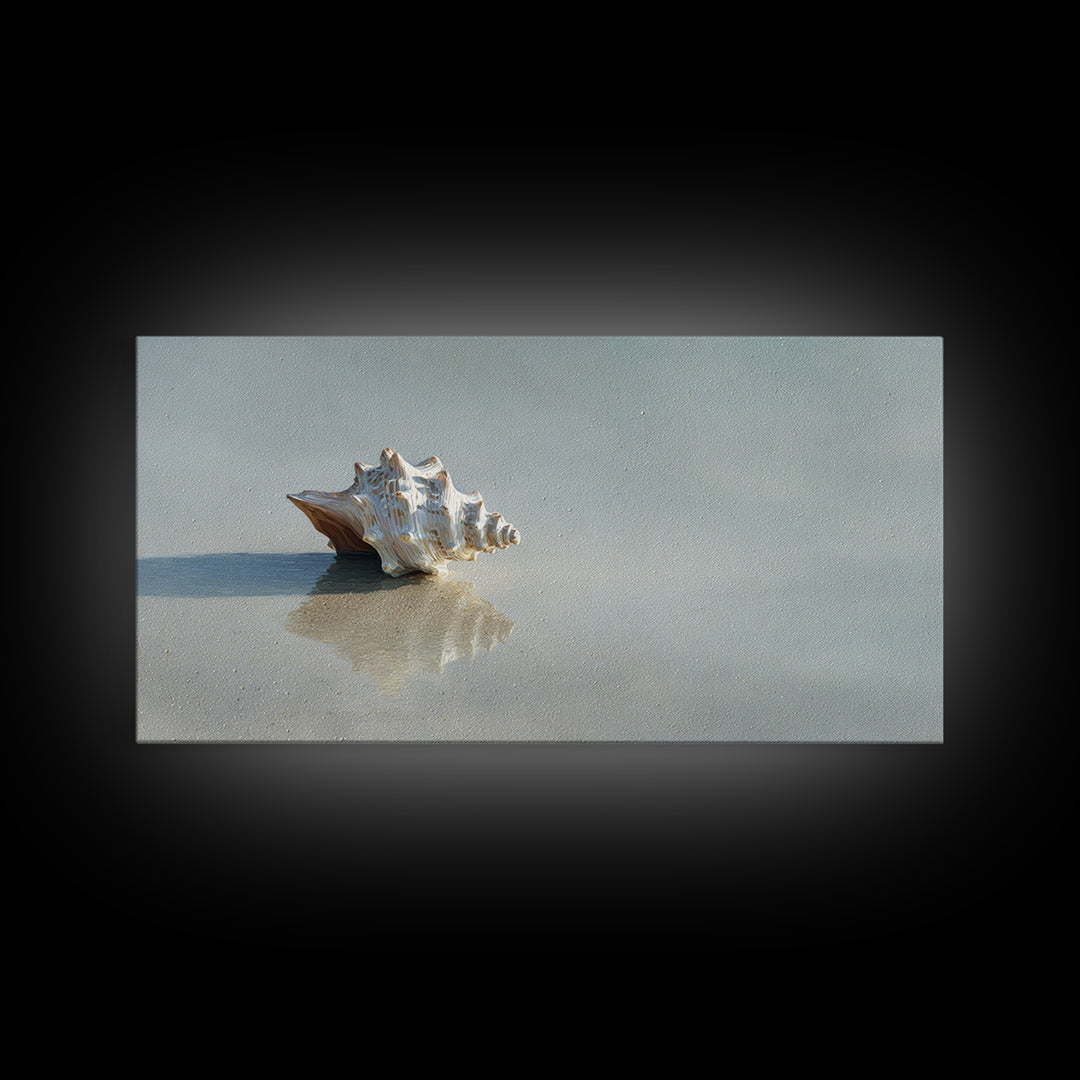 Minimal Seashell Still Life on Pale Sand Framed Canvas Print, Bathroom Art, Bathroom Wallpaper, Bathroom Decor, Fine Art, Spa, BAT-2x1-95