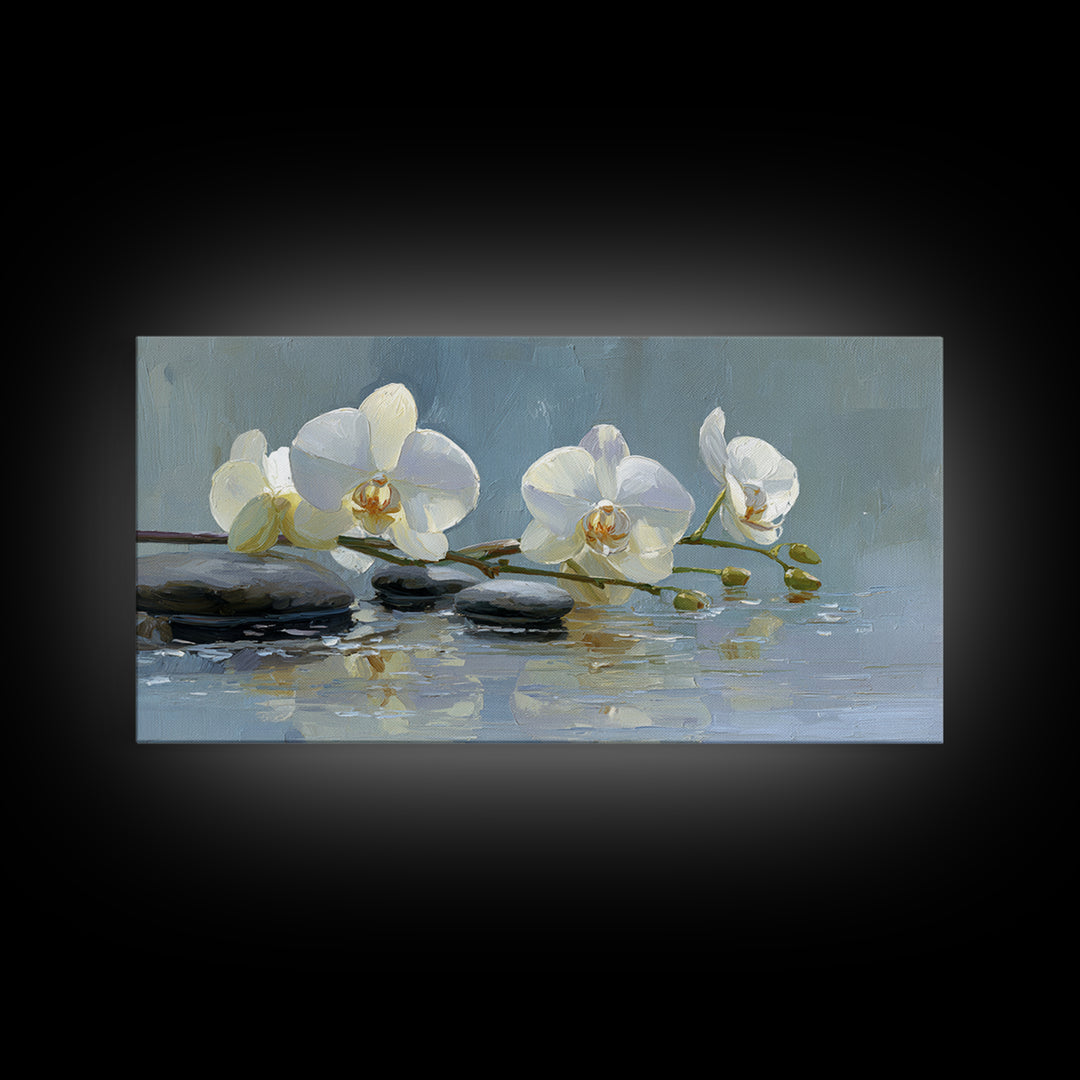 White Orchid on Warm Stone Background Framed Canvas Print, Bathroom Art, Modern Wall Art, Bathroom Decor, Oil Painting, Spa, BAT-2x1-96