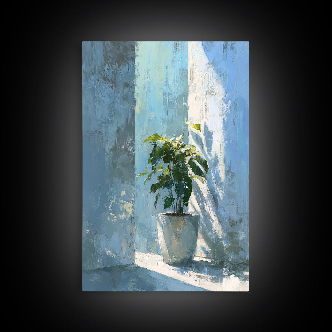 Sunlit Window Plant Shadow on Plaster Framed Canvas Print, Bathroom Art, Gallery Decor, Bathroom Decor, Abstract Art, Spa, BAT-2x3-2