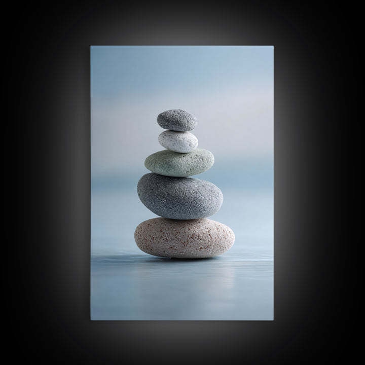 Monochrome Pebble Stack Framed Canvas Print, Bathroom Art, Boho Decor, Bathroom Decor, Oil Painting, Spa, Printable, BAT-2x3-21