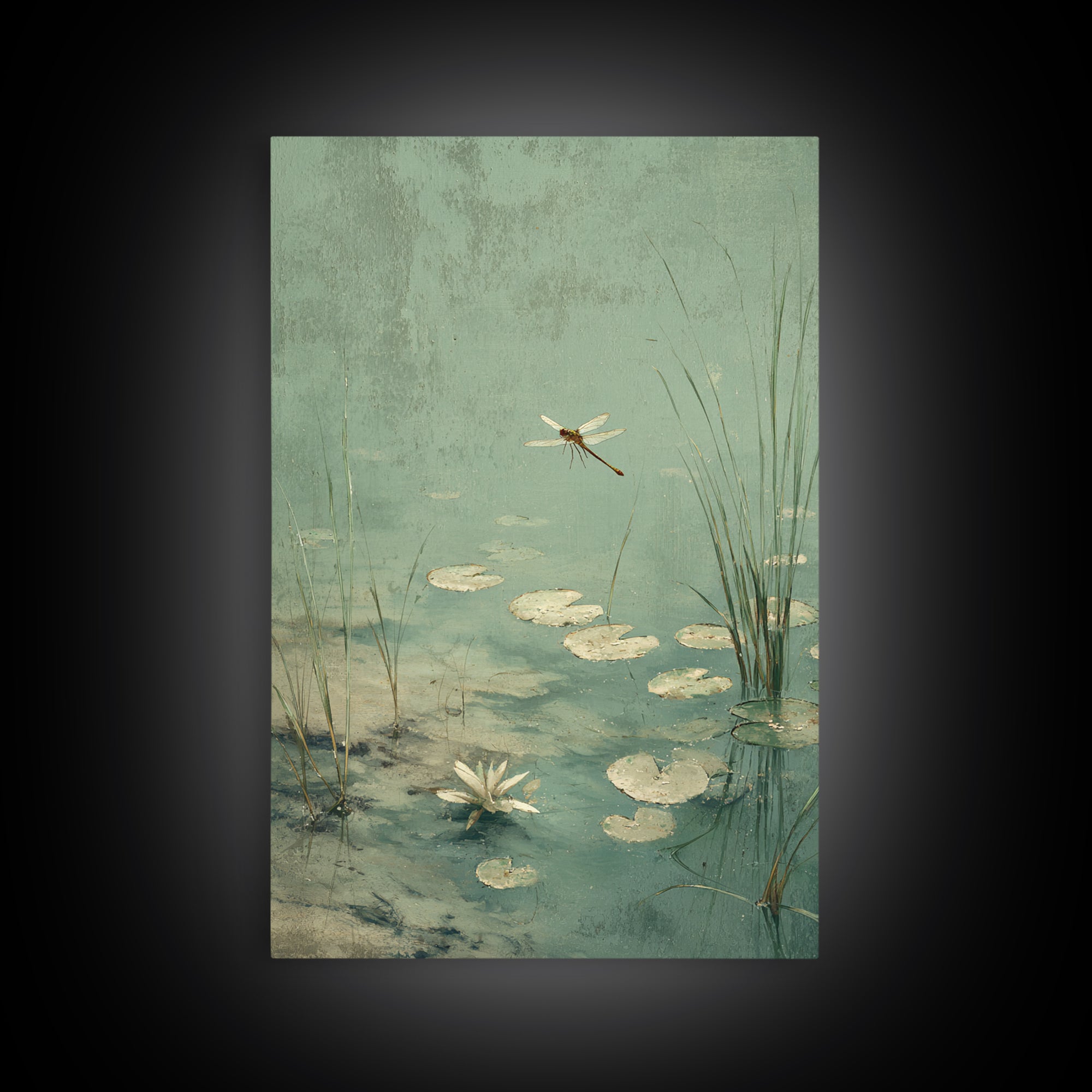 Delicate Dragonfly Above a Pond Surface Canvas Print, Bathroom Art, Bathroom Wall Decor, Bathroom Decor, Fine Art, Spa, BAT-2x3-32