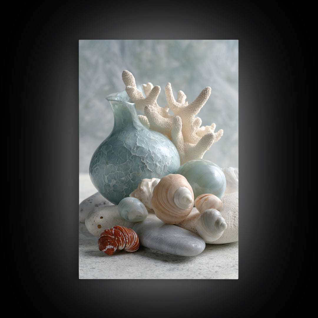 Coral and Shell Arrangement Framed Canvas Print, Bathroom Art, Neutral Decor, Bathroom Decor, Fine Art, Spa, Wall Art, BAT-2x3-43