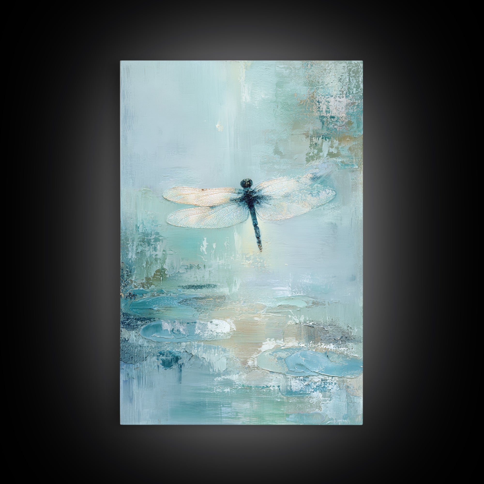 Delicate Dragonfly Above a Pond Surface Framed Canvas Print, Bathroom Art, Modern Art, Bathroom Decor, Fine Art, Spa, BAT-2x3-56