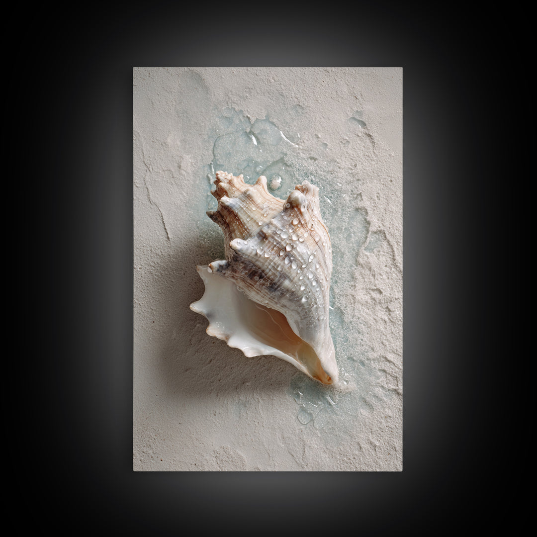 Minimal Seashell Still Life on Pale Sand Framed Canvas Print, Bathroom Art, Boho Decor, Bathroom Decor, Oil Painting, Spa, BAT-2x3-59
