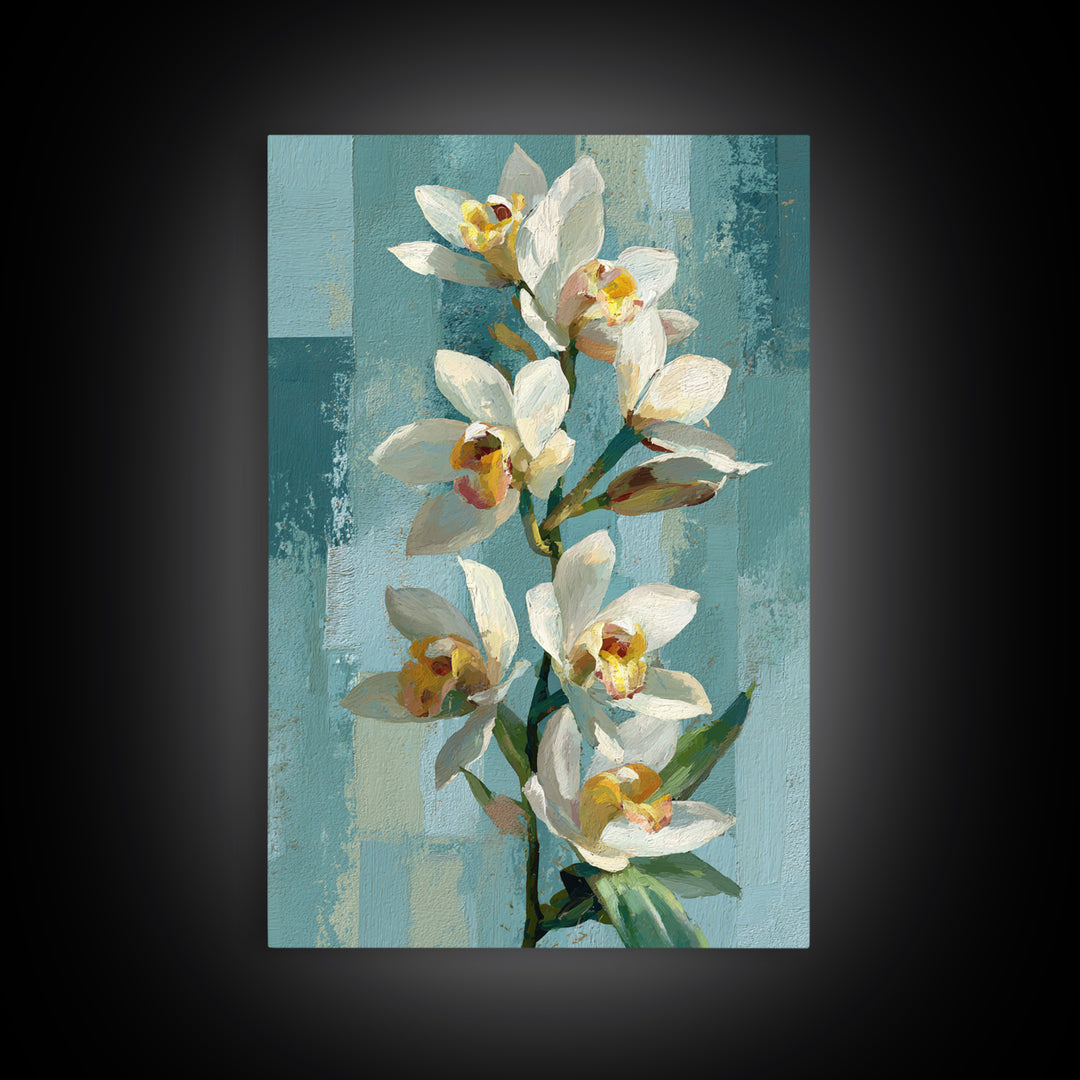 White Orchid on Warm Stone Background Framed Canvas Print, Bathroom Art, Statement Artwork, Bathroom Decor, Fine Art, Spa, BAT-2x3-60