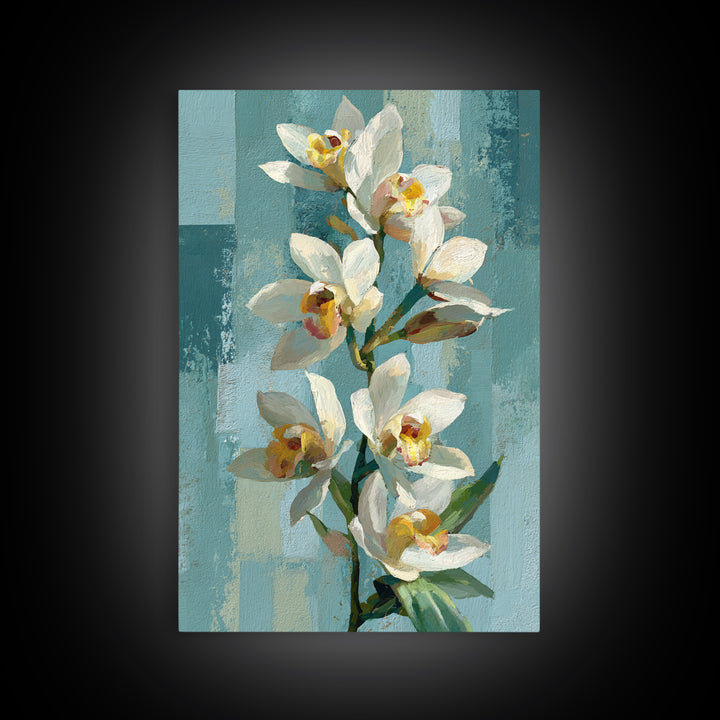 White Orchid on Warm Stone Background Framed Canvas Print, Bathroom Art, Statement Artwork, Bathroom Decor, Fine Art, Spa, BAT-2x3-60