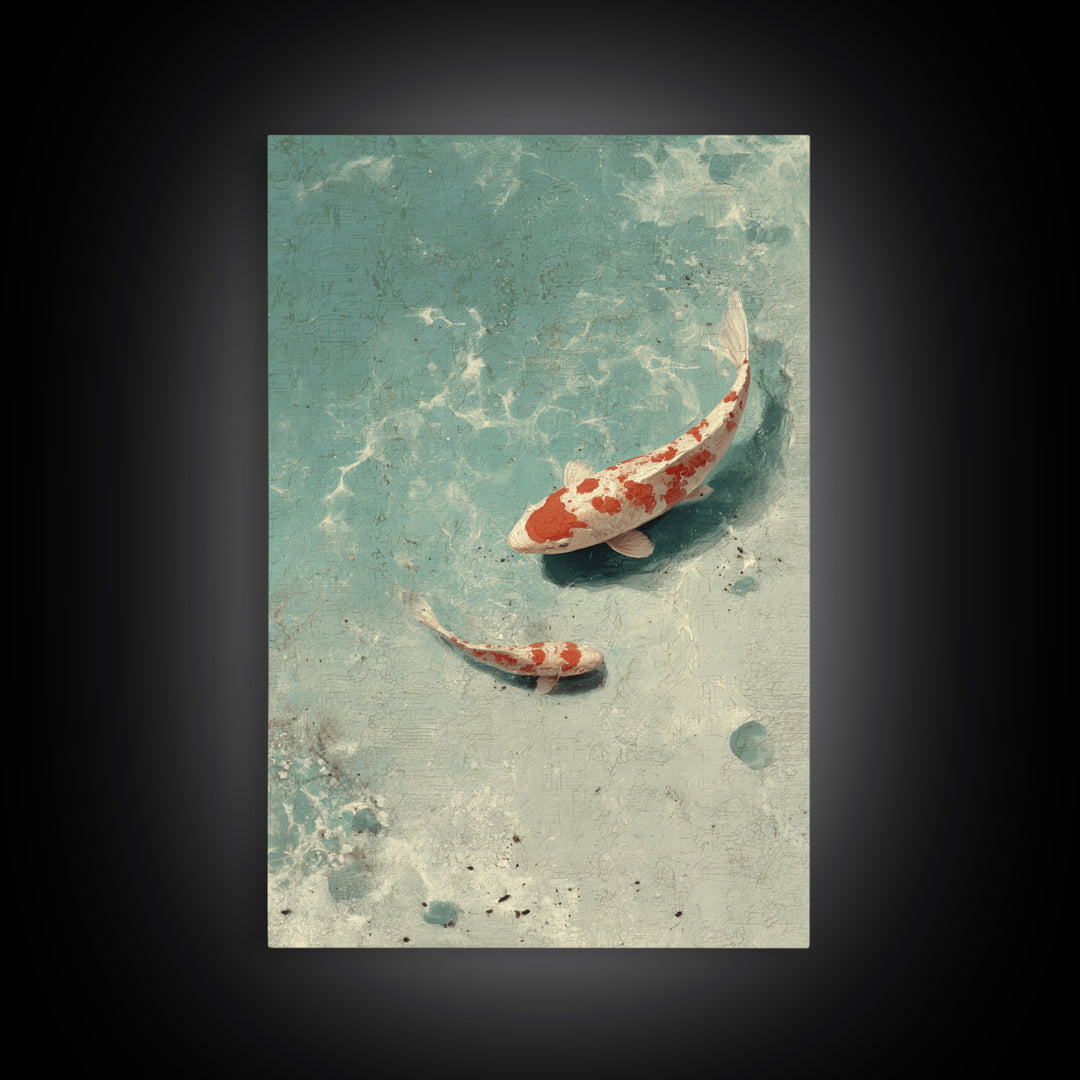 Minimal Koi Fish Swimming Through Clear Water Framed Canvas Print, Bathroom Art, Gallery Decor, Bathroom Decor, Fine Art, Spa, BAT-2x3-64