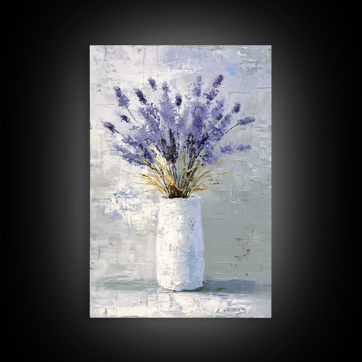 Lavender Sprigs in a Ceramic Vase Framed Canvas Print, Bathroom Art, Minimalist Decor, Bathroom Decor, Fine Art, Spa, BAT-2x3-68