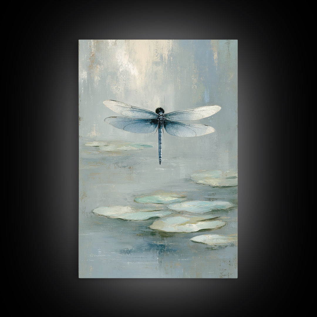 Delicate Dragonfly Above a Pond Surface Framed Canvas Print, Bathroom Art, Framed Wall Art, Bathroom Decor, Oil Painting, Spa, BAT-2x3-8