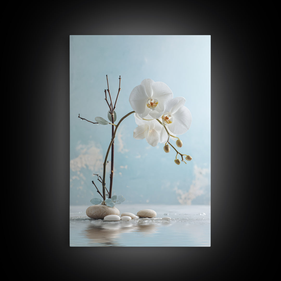 White Orchid on Warm Stone Background Framed Canvas Print, Bathroom Art, Canvas Wall Art, Bathroom Decor, Fine Art, Spa, BAT-2x3-84