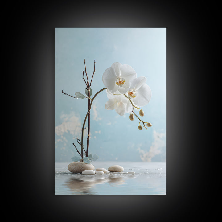 White Orchid on Warm Stone Background Framed Canvas Print, Bathroom Art, Canvas Wall Art, Bathroom Decor, Fine Art, Spa, BAT-2x3-84