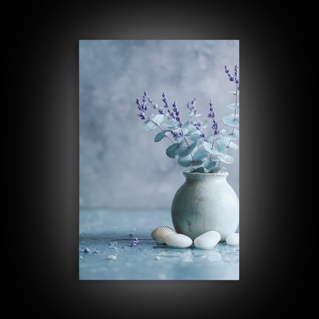 Lavender Sprigs in a Ceramic Vase Framed Canvas Print, Bathroom Art, Retro Wall Art, Bathroom Decor, Abstract Art, Spa, BAT-2x3-92