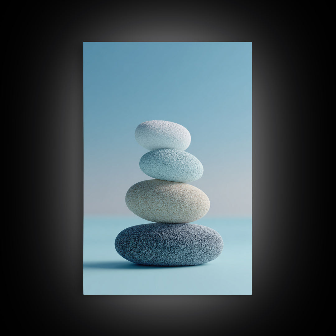 Monochrome Pebble Stack Framed Canvas Print, Bathroom Art, Digital Art, Bathroom Decor, Fine Art, Spa, Dopamine Decor, BAT-2x3-93