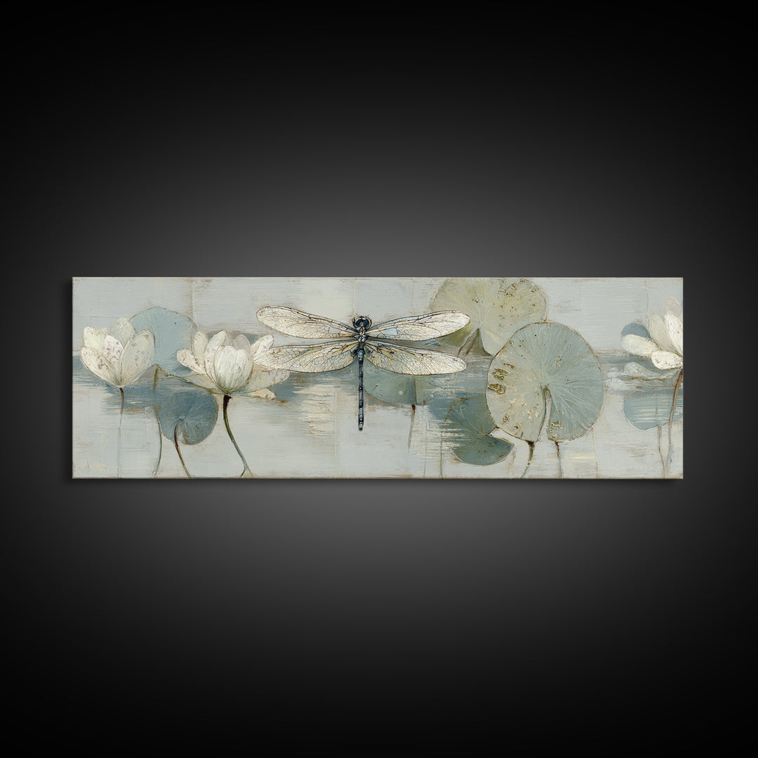 Delicate Dragonfly Above a Pond Surface Canvas Print, Bathroom Art, Unique Wall Art, Bathroom Decor, Spa, Gallery Decor, BAT-3x1-16