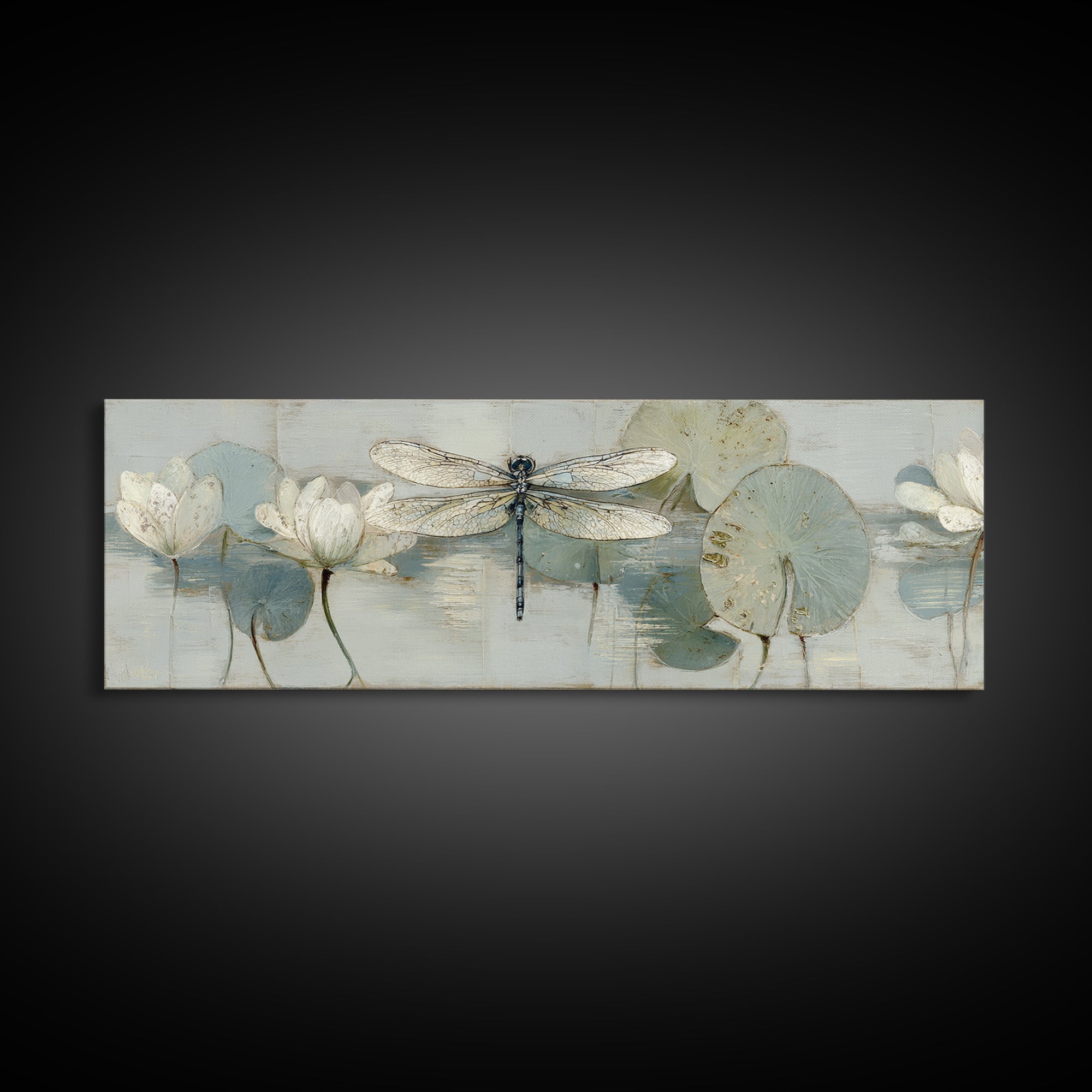 Delicate Dragonfly Above a Pond Surface Canvas Print, Bathroom Art, Unique Wall Art, Bathroom Decor, Spa, Gallery Decor, BAT-3x1-16