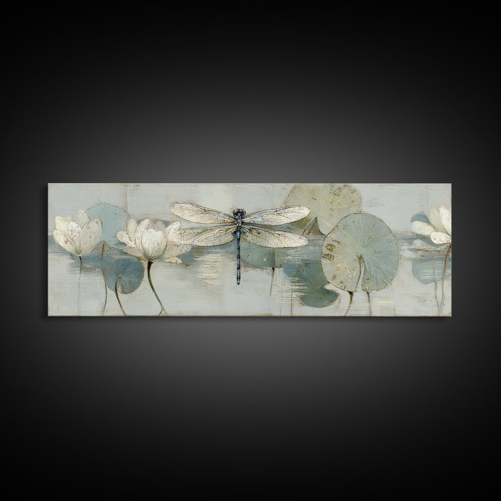 Delicate Dragonfly Above a Pond Surface Canvas Print, Bathroom Art, Unique Wall Art, Bathroom Decor, Spa, Gallery Decor, BAT-3x1-16