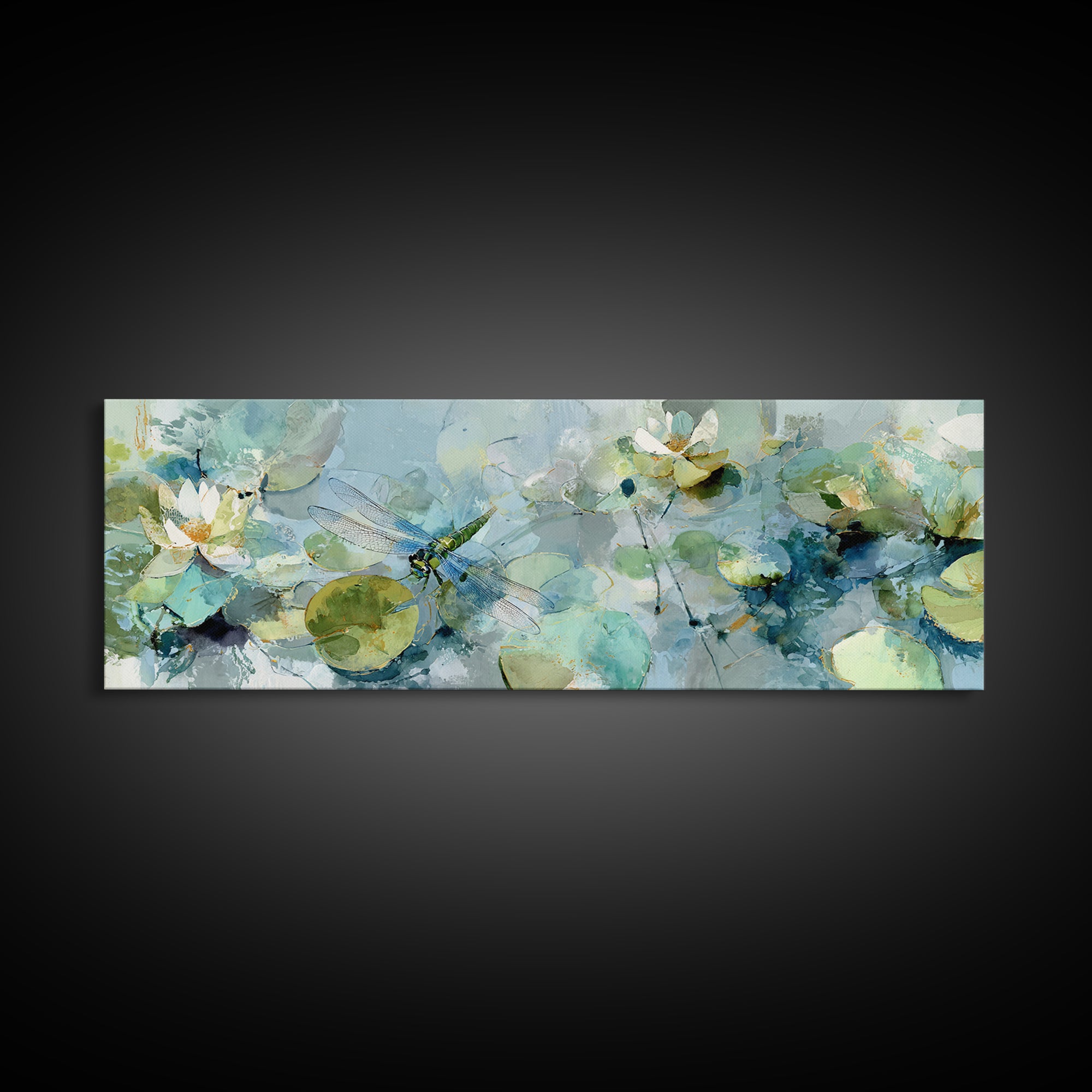 Delicate Dragonfly Above a Pond Surface Canvas Print, Bathroom Art, Bathroom Print, Bathroom Decor, Fine Art, Spa, BAT-3x1-40