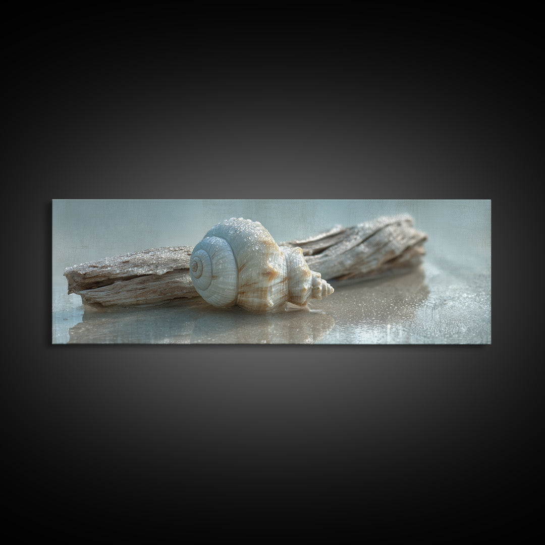 Minimal Seashell Still Life on Pale Sand Canvas Print, Bathroom Art, Minimalist Decor, Bathroom Decor, Fine Art, Spa, BAT-3x1-43