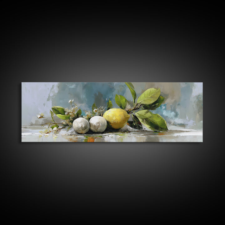 Lemon and Botanical Still Life Canvas Print, Bathroom Art, Wall Hanging, Bathroom Decor, Spa, Modern Art, Bathroom Art Decor, BAT-3x1-46