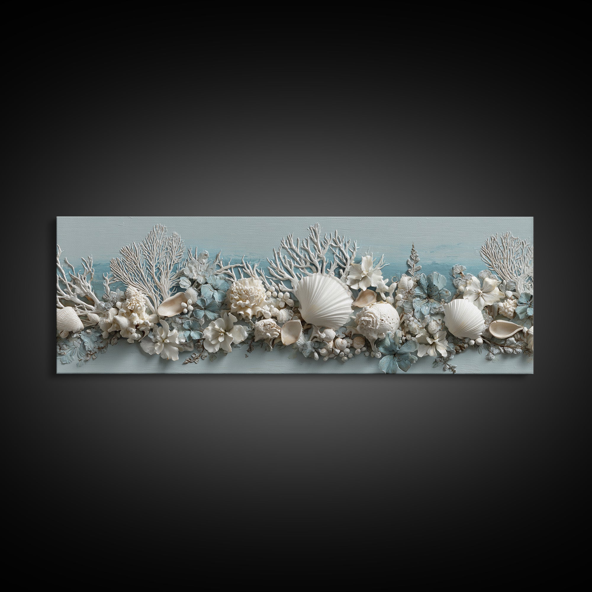 Coral and Shell Arrangement Framed Canvas Print, Bathroom Art, Wall Art, Bathroom Decor, Fine Art, Spa, Dog Portrait, BAT-3x1-51