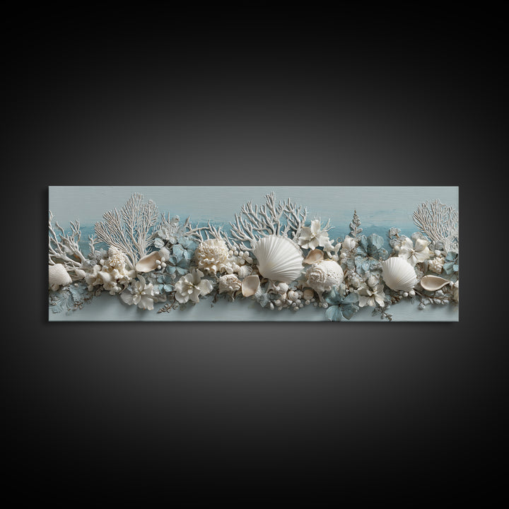 Coral and Shell Arrangement Framed Canvas Print, Bathroom Art, Wall Art, Bathroom Decor, Fine Art, Spa, Dog Portrait, BAT-3x1-51