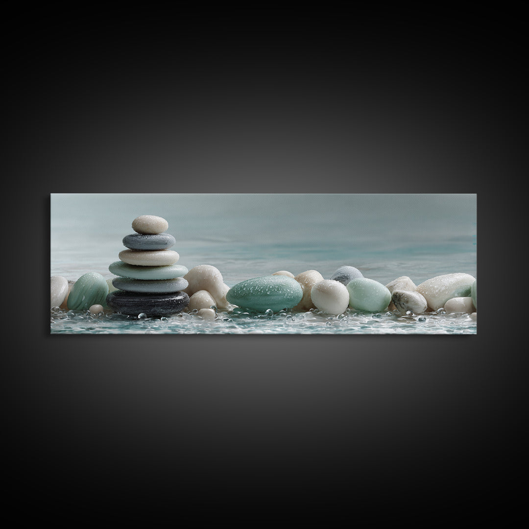 Monochrome Pebble Stack Framed Canvas Print, Bathroom Art, Canvas Wall Art, Bathroom Decor, Fine Art, Spa, Bathroom Wallpaper, BAT-3x1-53