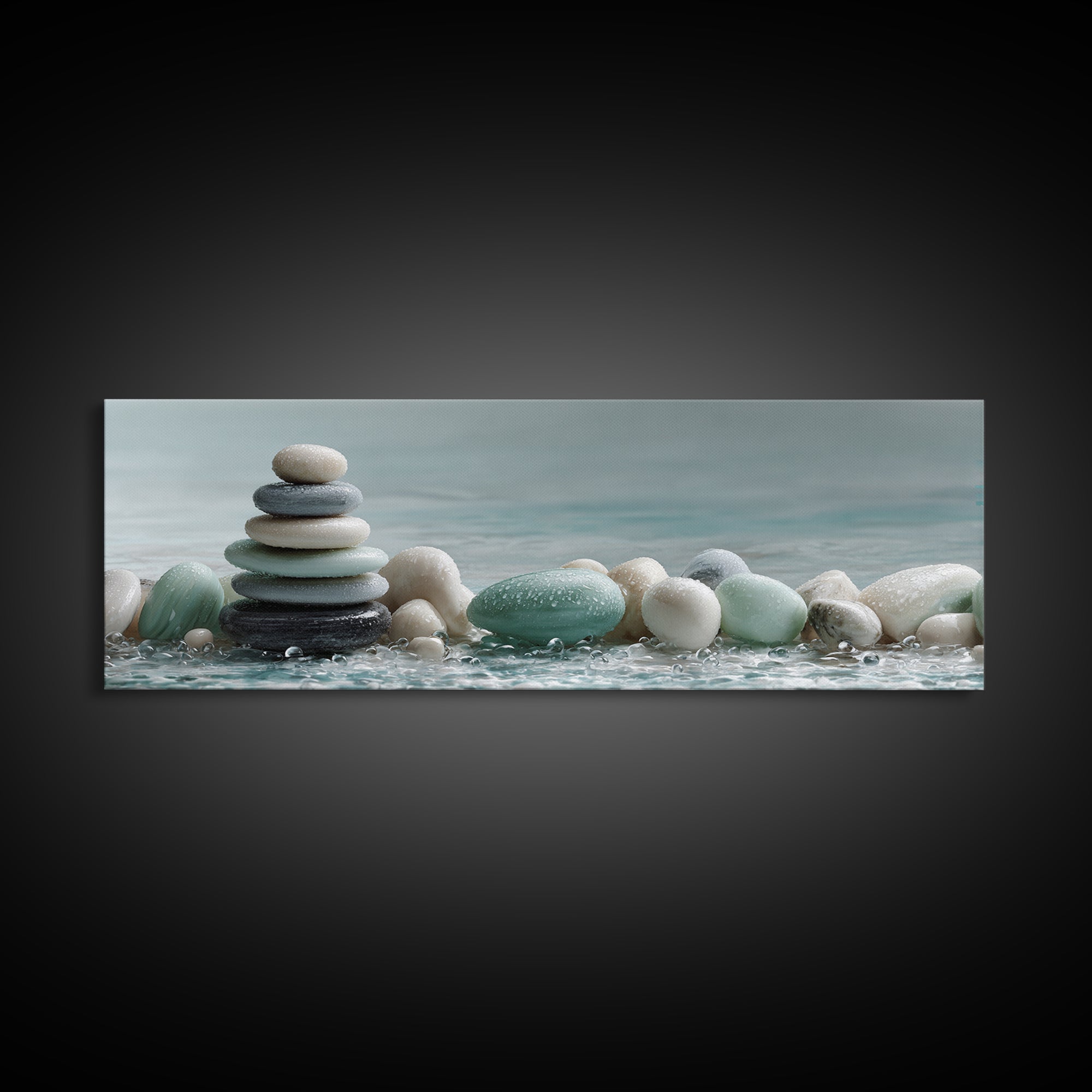 Monochrome Pebble Stack Framed Canvas Print, Bathroom Art, Canvas Wall Art, Bathroom Decor, Fine Art, Spa, Bathroom Wallpaper, BAT-3x1-53