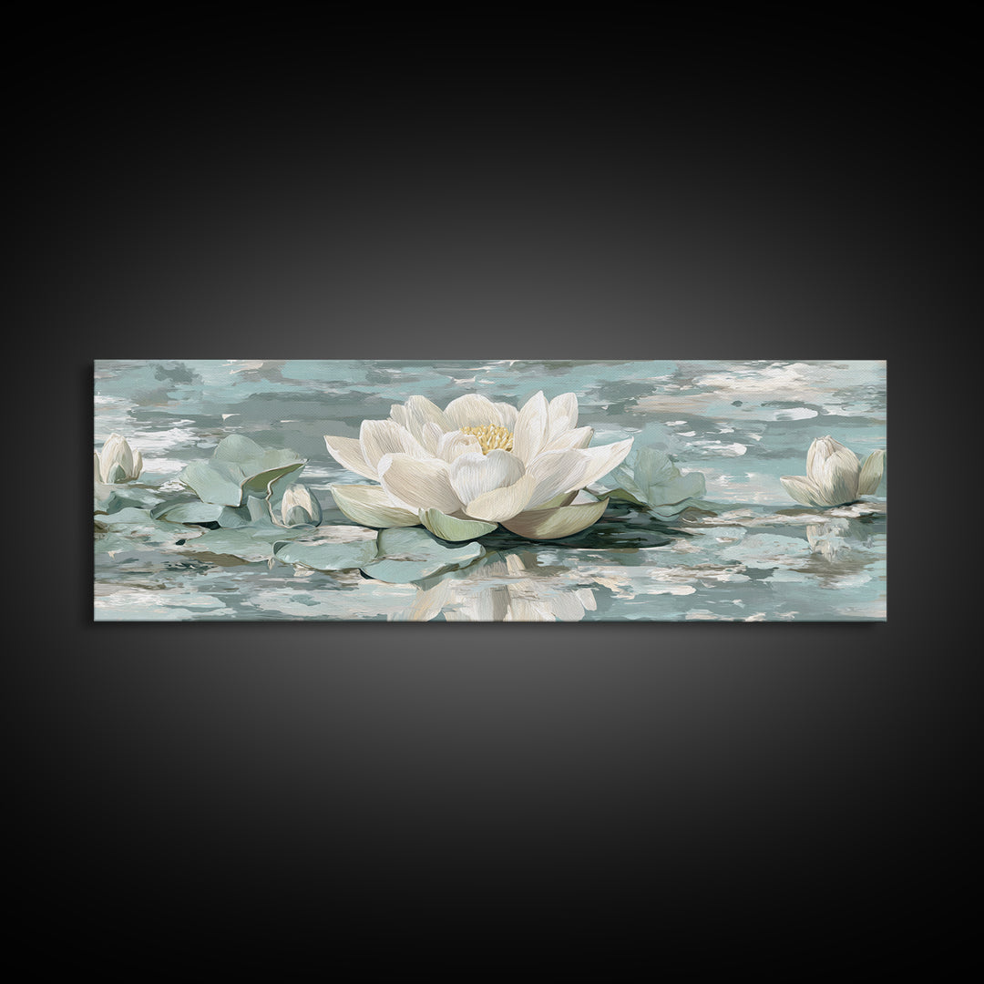 Lotus Flower Floating on Calm Water Framed Canvas Print, Bathroom Art, Fine Art Print, Bathroom Decor, Oil Painting, Spa, BAT-3x1-60