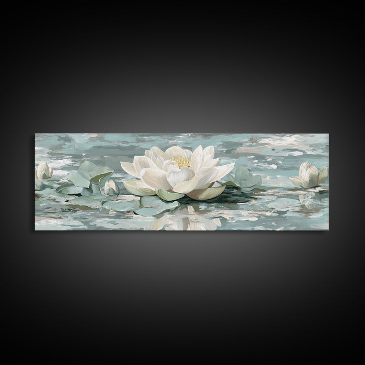 Lotus Flower Floating on Calm Water Framed Canvas Print, Bathroom Art, Fine Art Print, Bathroom Decor, Oil Painting, Spa, BAT-3x1-60