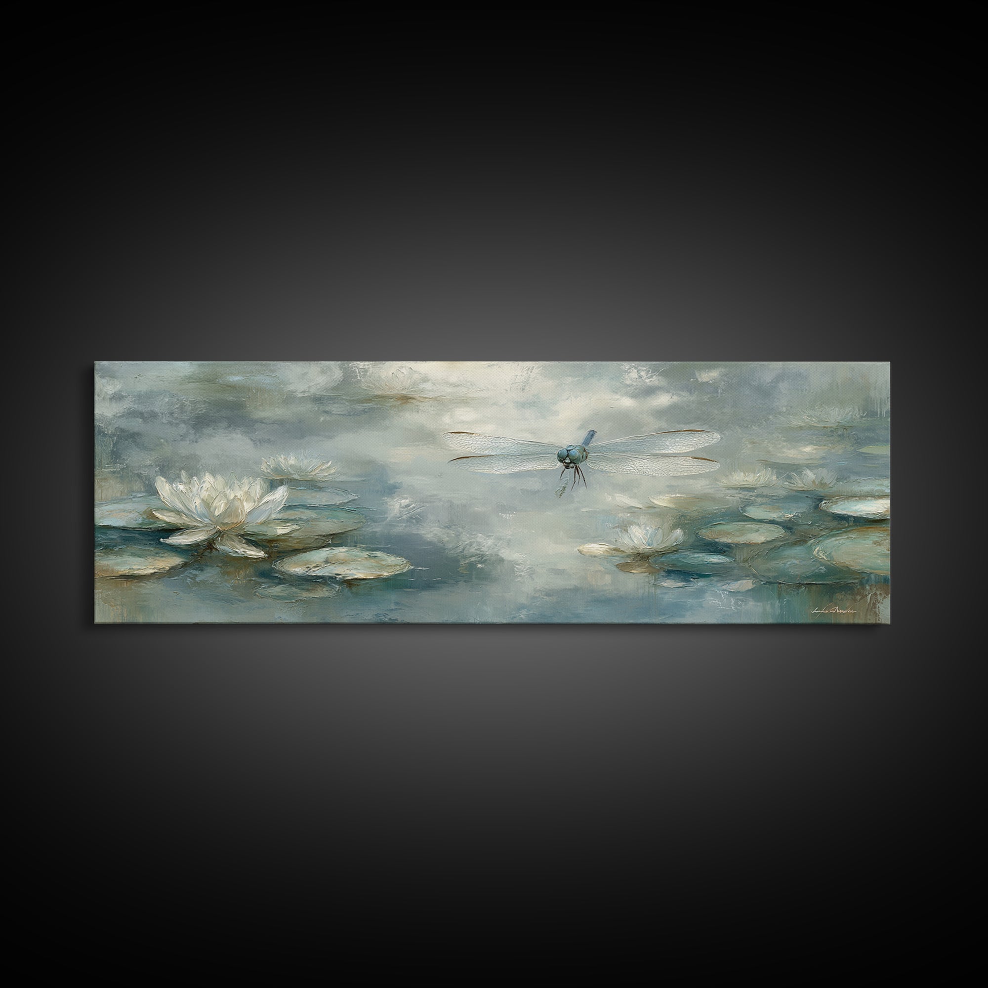 Delicate Dragonfly Above a Pond Surface Framed Canvas Print, Bathroom Art, Statement Artwork, Bathroom Decor, Fine Art, Spa, BAT-3x1-64