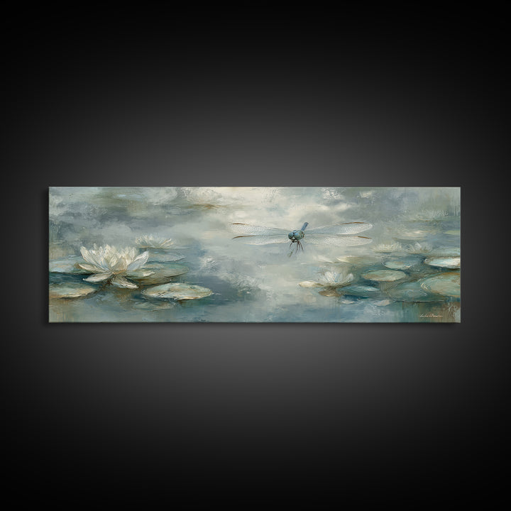 Delicate Dragonfly Above a Pond Surface Framed Canvas Print, Bathroom Art, Statement Artwork, Bathroom Decor, Fine Art, Spa, BAT-3x1-64