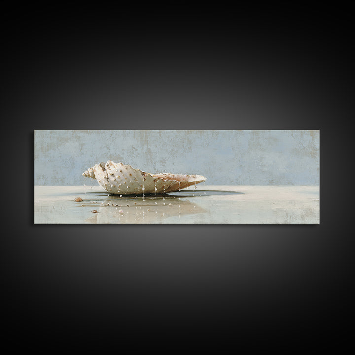 Minimal Seashell Still Life on Pale Sand Framed Canvas Print, Bathroom Art, Printable, Bathroom Decor, Abstract Art, Spa, BAT-3x1-67