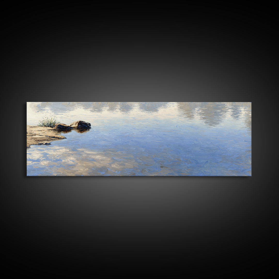 Misty Lake Scene Framed Canvas Print, Bathroom Art, Unique Wall Art, Bathroom Decor, Oil Painting, Spa, Gallery Decor, BAT-3x1-73