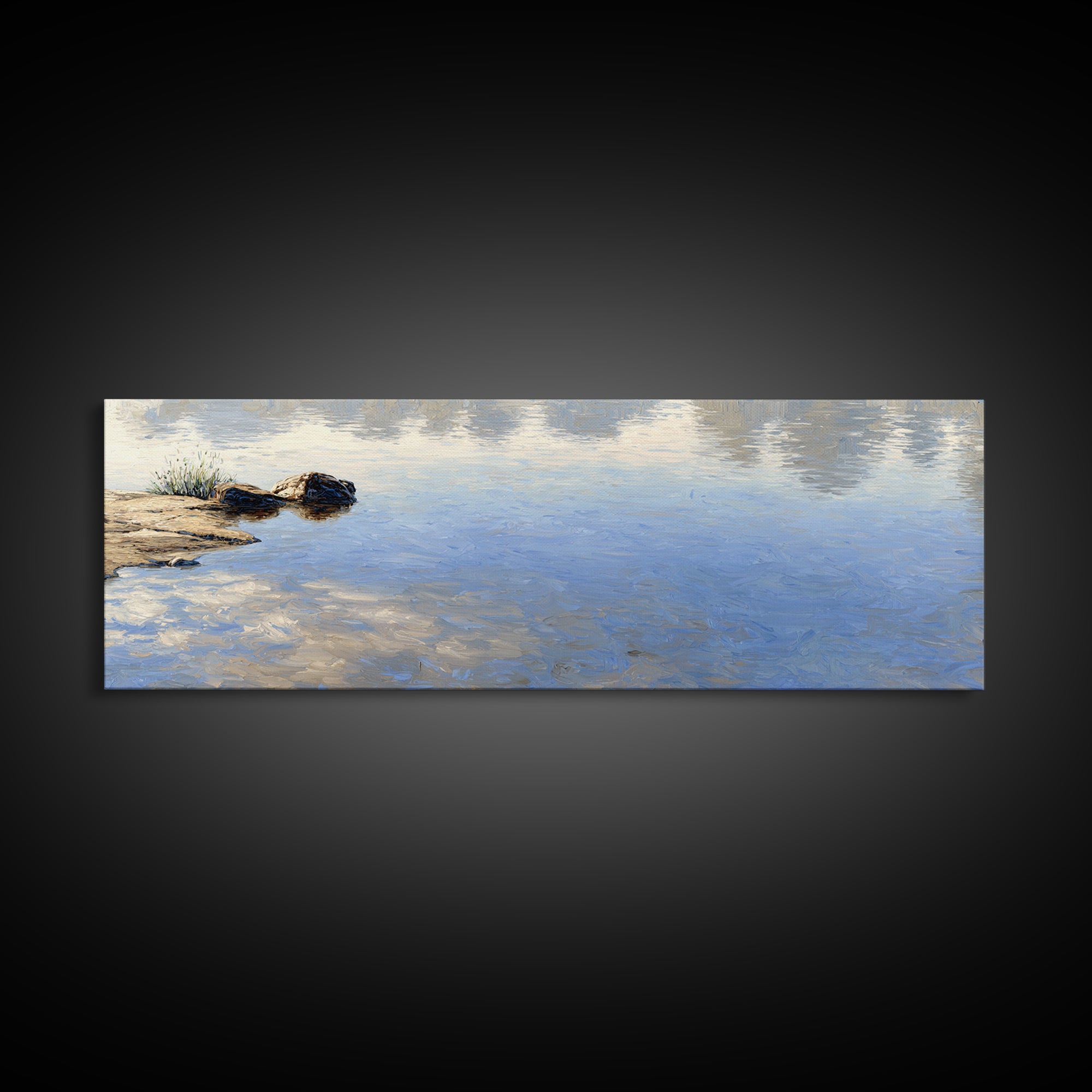 Misty Lake Scene Framed Canvas Print, Bathroom Art, Unique Wall Art, Bathroom Decor, Oil Painting, Spa, Gallery Decor, BAT-3x1-73
