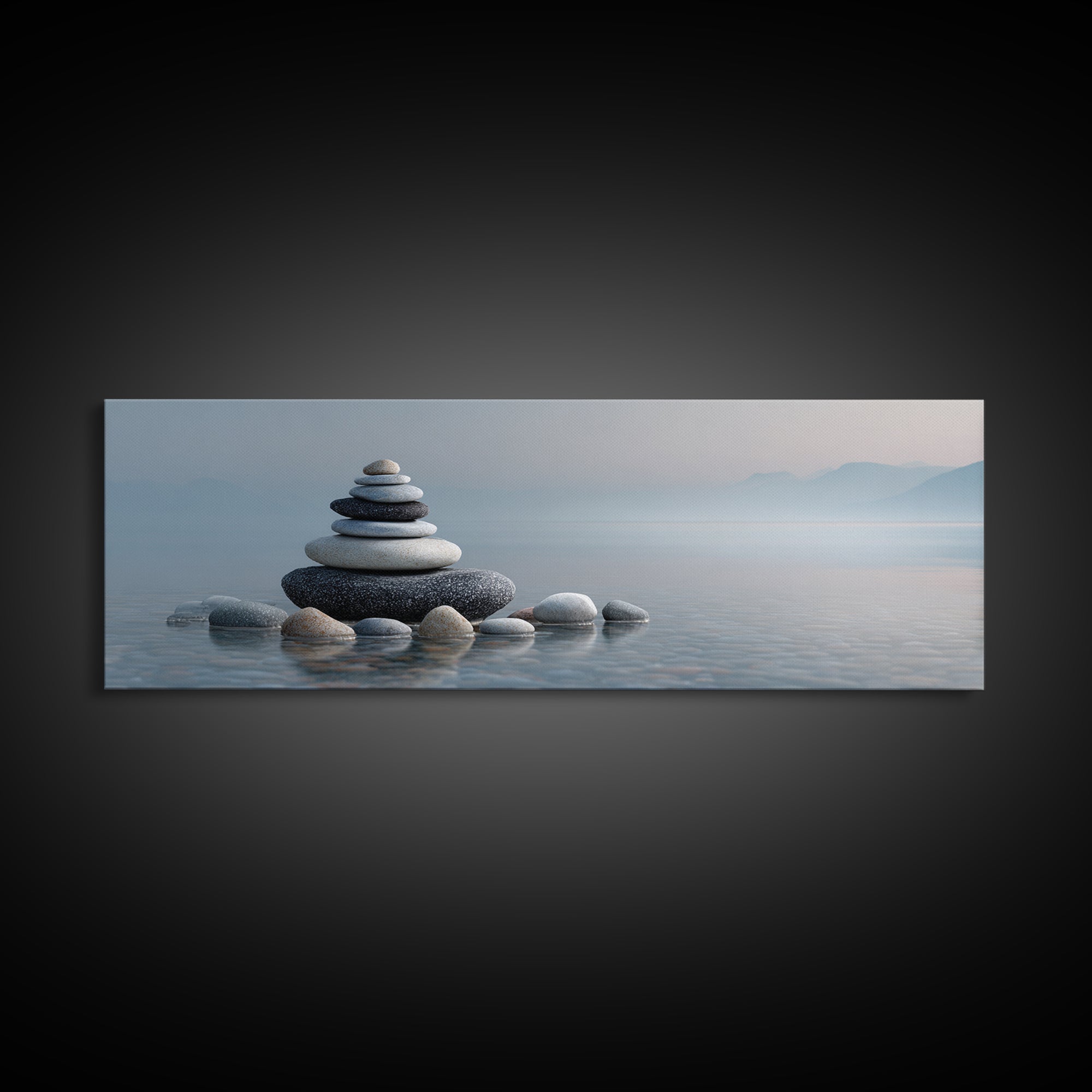 Monochrome Pebble Stack Framed Canvas Print, Bathroom Art, Canvas Wall Art, Bathroom Decor, Fine Art, Spa, Bathroom Wallpaper, BAT-3x1-77