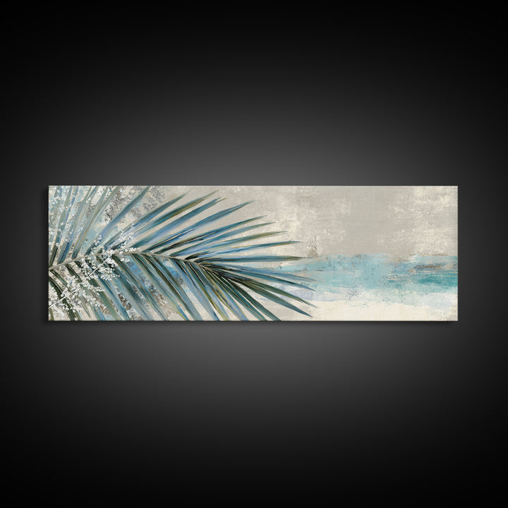Simple Palm Frond on Off White Linen Framed Canvas Print, Bathroom Art, Digital Art, Bathroom Decor, Abstract Art, Spa, BAT-3x1-87