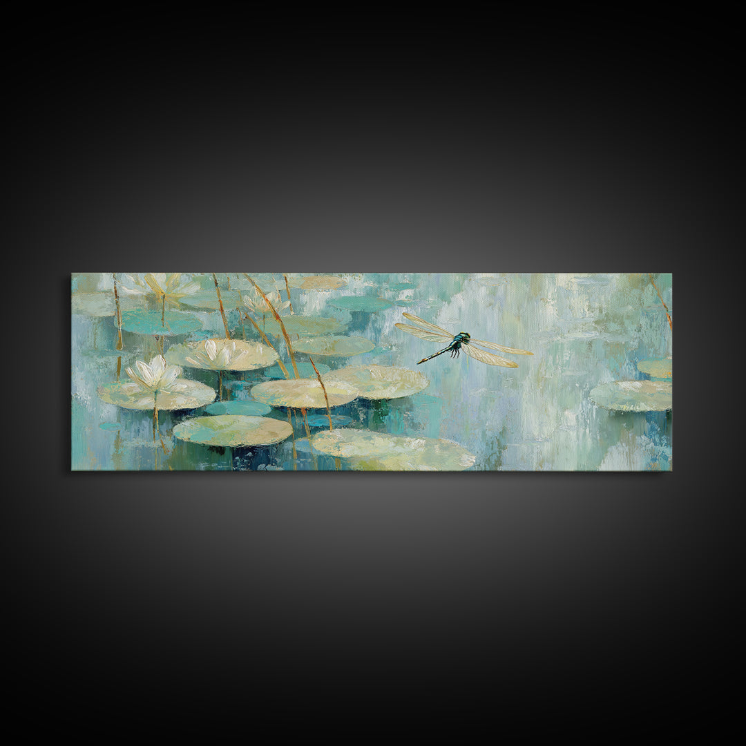Delicate Dragonfly Above a Pond Surface Canvas Print, Bathroom Art, Textured Painting, Bathroom Decor, Oil Painting, Spa, BAT-3x1-88
