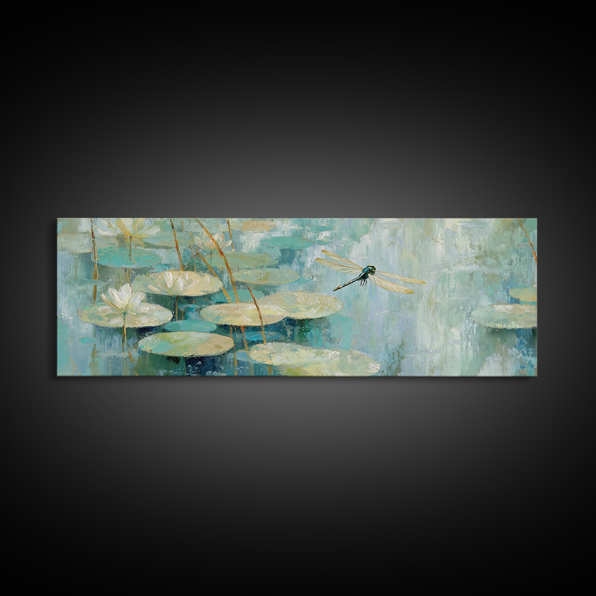 Delicate Dragonfly Above a Pond Surface Canvas Print, Bathroom Art, Textured Painting, Bathroom Decor, Oil Painting, Spa, BAT-3x1-88
