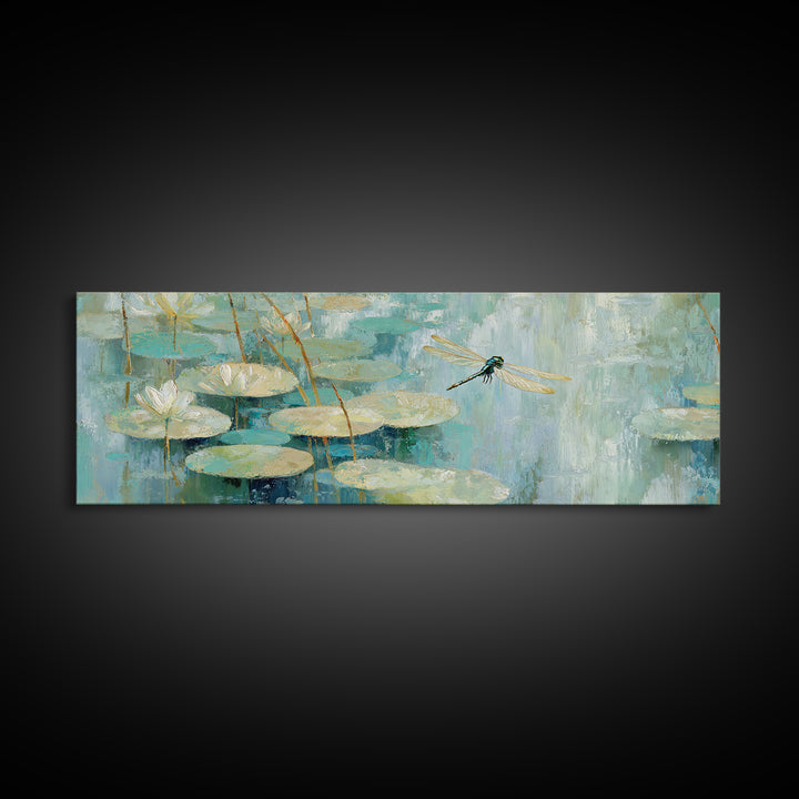 Delicate Dragonfly Above a Pond Surface Canvas Print, Bathroom Art, Textured Painting, Bathroom Decor, Oil Painting, Spa, BAT-3x1-88