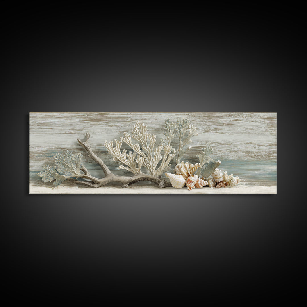 Coral and Shell Arrangement Framed Canvas Print, Bathroom Art, Wall Decor, Bathroom Decor, Fine Art, Spa, Contemporary Art, BAT-3x1-99