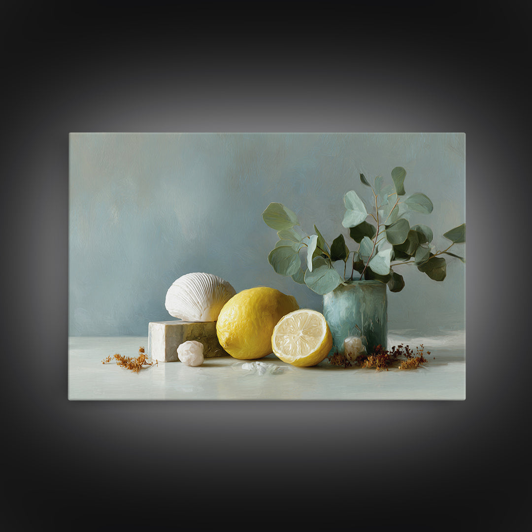 Lemon and Botanical Still Life Framed Canvas Print, Bathroom Art, Digital Wall Art, Bathroom Decor, Oil Painting, Spa, BAT-3x2-10