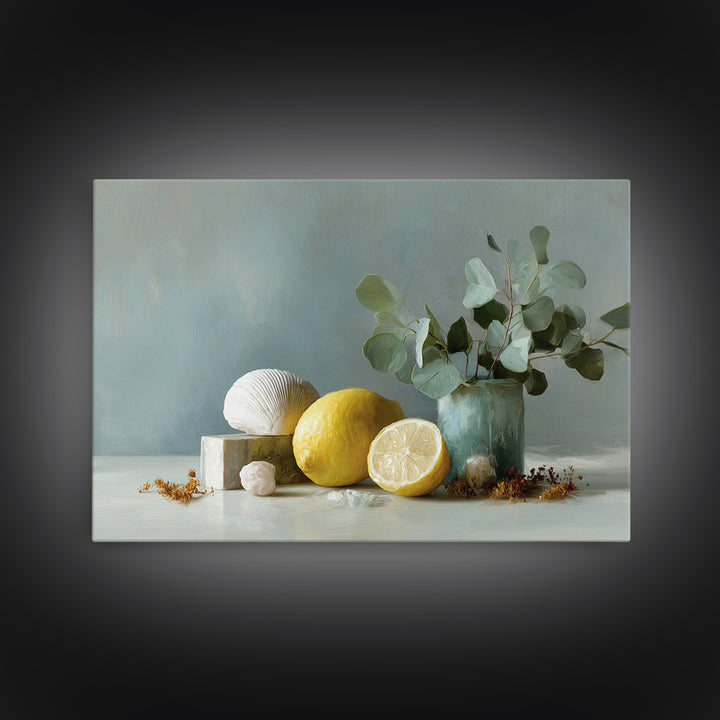 Lemon and Botanical Still Life Framed Canvas Print, Bathroom Art, Digital Wall Art, Bathroom Decor, Oil Painting, Spa, BAT-3x2-10