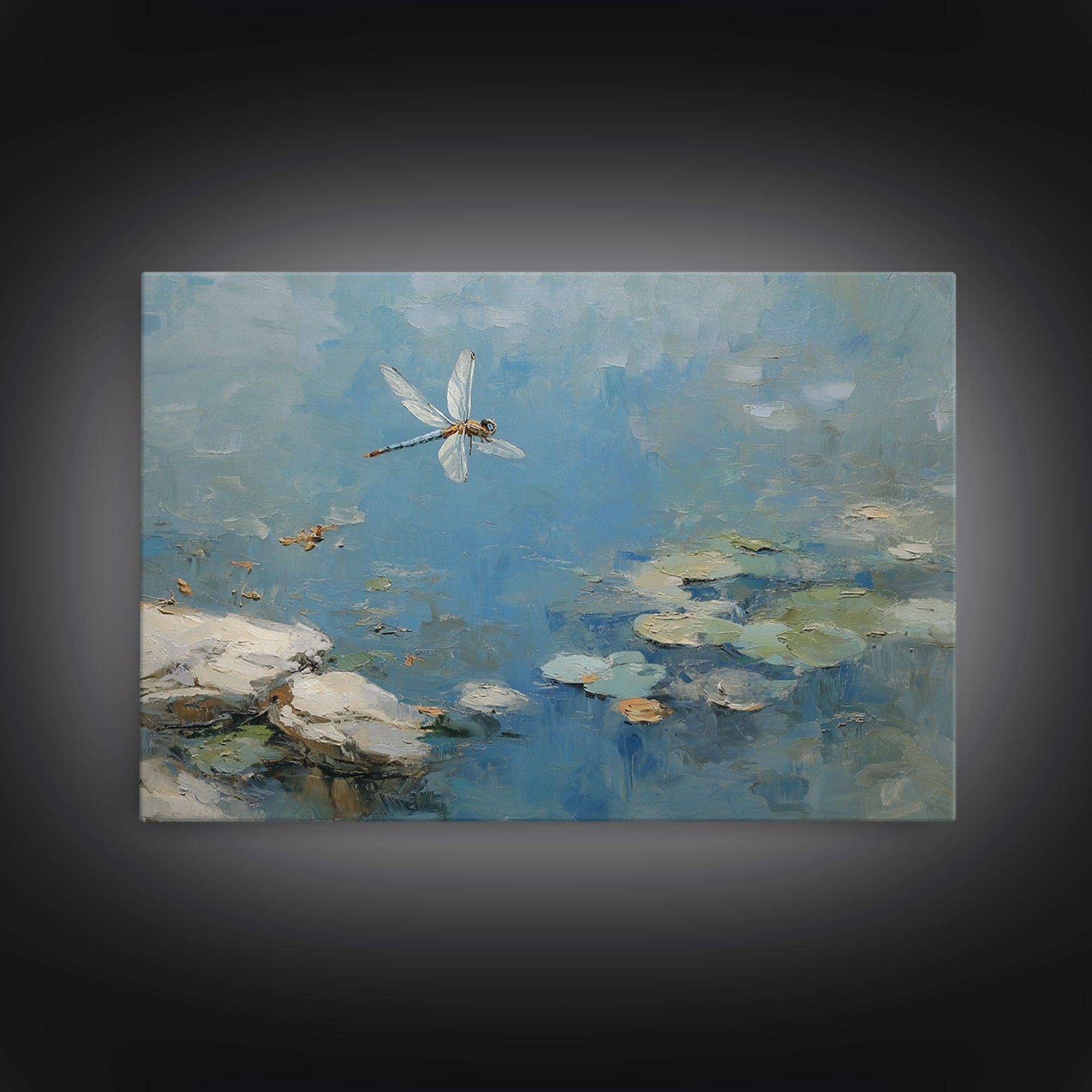 Delicate Dragonfly Above a Pond Surface Framed Canvas Print, Bathroom Art, Bathroom Art Decor, Bathroom Decor, Oil Painting, BAT-3x2-100