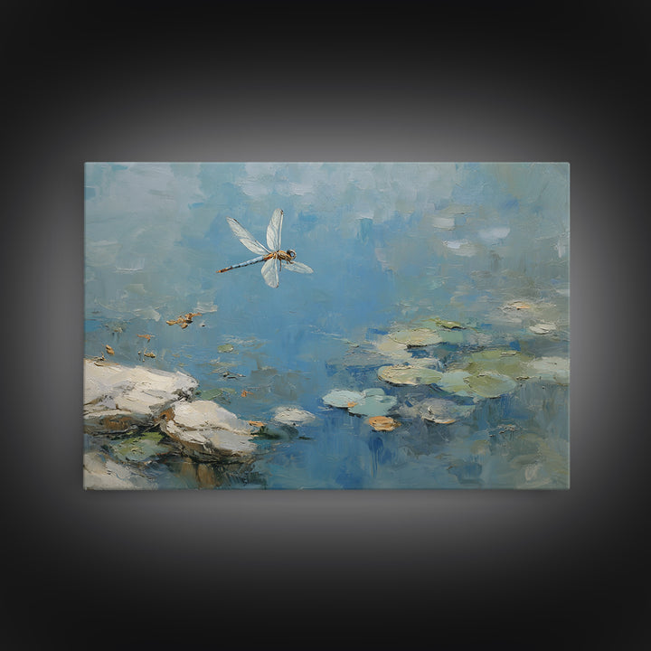 Delicate Dragonfly Above a Pond Surface Framed Canvas Print, Bathroom Art, Bathroom Art Decor, Bathroom Decor, Oil Painting, BAT-3x2-100