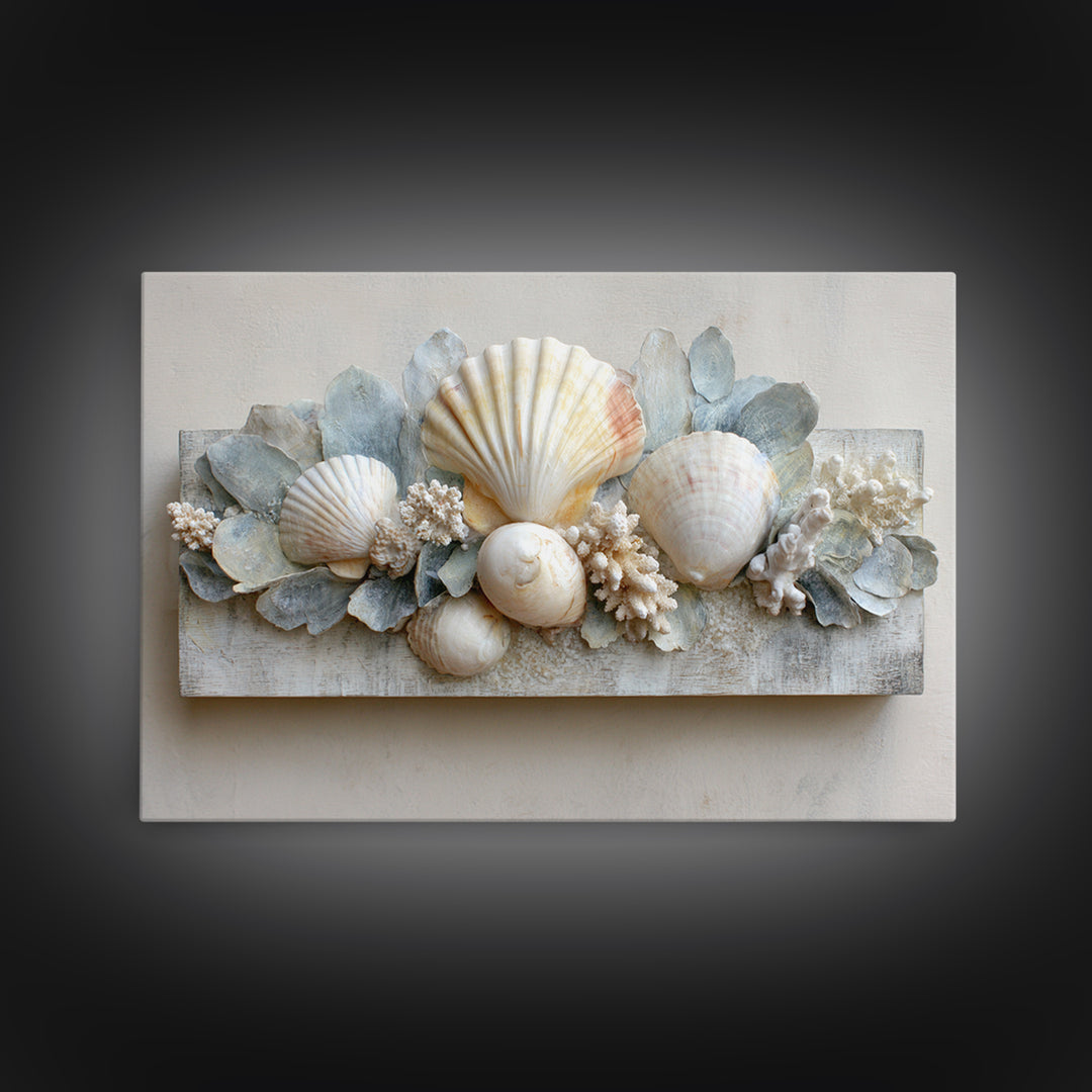 Coral and Shell Arrangement Framed Canvas Print, Bathroom Art, Minimalist Decor, Bathroom Decor, Fine Art, Spa, Wall Hanging, BAT-3x2-15