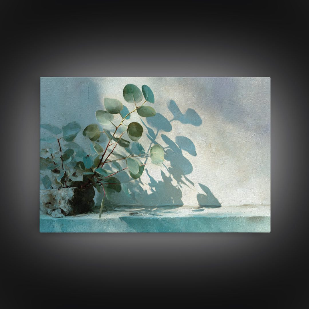 Sunlit Window Plant Shadow on Plaster Canvas Print, Bathroom Art, Digital Art, Bathroom Decor, Oil Painting, Spa, BAT-3x2-22