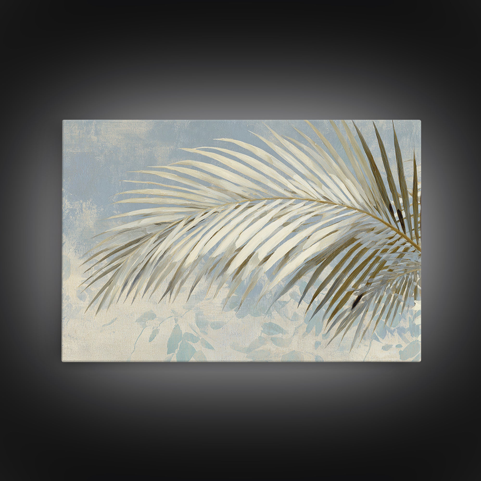 Simple Palm Frond on Off White Linen Framed Canvas Print, Bathroom Art, Custom Pet Portrait, Bathroom Decor, Fine Art, Spa, BAT-3x2-27