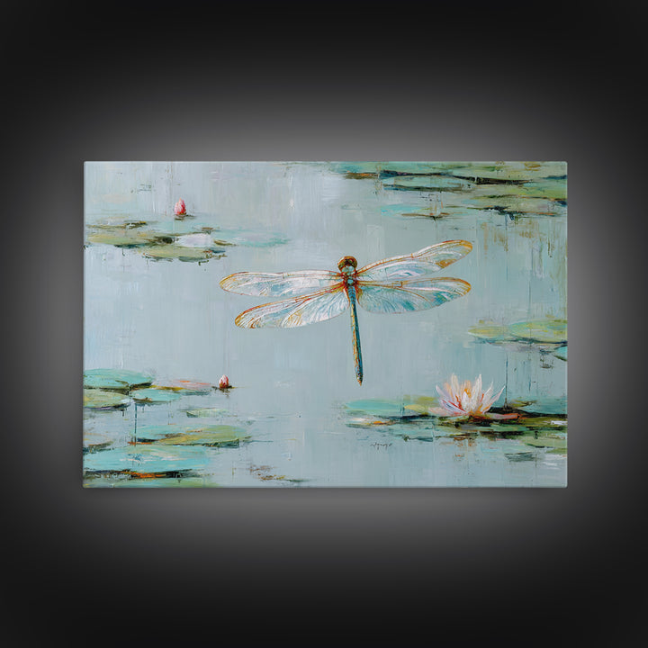Delicate Dragonfly Above a Pond Surface Framed Canvas Print, Bathroom Art, Home Decor, Bathroom Decor, Fine Art, Spa, BAT-3x2-28