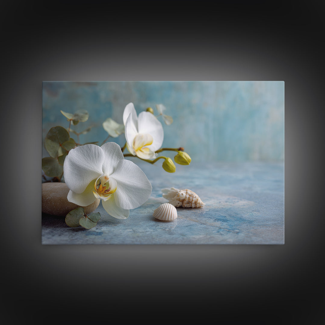 White Orchid on Warm Stone Background Canvas Print, Bathroom Art, Custom Pet Portrait, Bathroom Decor, Fine Art, Spa, BAT-3x2-32